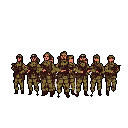 A pixel art squad of nine soldiers stands ready, their muted green and brown camouflage evoking a retro military aesthetic. The blocky figures, rendered in a classic 8-bit style, pause with rifles in hand.