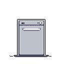 This pixel art image features a front-facing view of a modern dishwasher with a muted, monochromatic color scheme. The appliance, complete with a handle and control panel, stands out against a stark black background, emphasizing its functional design.