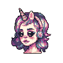 A melancholic, unicorn-like character with pastel hair and a prominent horn is captured in detailed pixel art, their wide-eyed gaze hinting at a thoughtful or somber mood. The muted color palette and slightly open mouth lend an ethereal and captivating quality to the portrait.