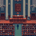 This pixel art depicts a formal assembly, with a speaker addressing a large, seated crowd in an ornate hall of governmental importance. The scene evokes a sense of formality and historical significance.