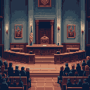 This pixel art depicts a courtroom scene, dominated by an ornate judge's bench awaiting its occupant, while rows of silhouetted figures fill the foreground. The image captures the formal and anticipatory atmosphere of legal proceedings.