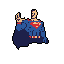 This pixel art image captures Superman in a classic, action-ready pose, arms outstretched as if soaring through the sky. Rendered in nostalgic, slightly desaturated tones of blue, red, and beige, the iconic hero is presented in a minimalist yet powerful style.