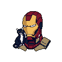 Pixel art Iron Man gets a furry upgrade with a small cat perched on his shoulder, creating a surprising and endearing juxtaposition of hero and pet. The bold red, gold, and black/white hues stand out against the stark background. This nostalgic image blends power and cuteness in a retro style.