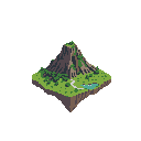 A solitary, rocky mountain rises from a small, grassy island that floats serenely in a dark void. This pixel art scene captures a peaceful, fantastical vibe with its natural color palette and isolated landscape.