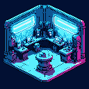 This pixel art image showcases an isometric view of a futuristic, equipment-filled room illuminated by vibrant cyan and purple lights. The scene evokes a sense of sterile technology and intricate purpose within an isolated, sci-fi setting.