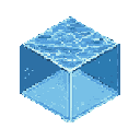 This pixel art features a cool, three-dimensional water or ice cube rendered in striking blues and whites. The textured top and translucent sides give the simple form depth and a sense of tranquility.