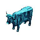 This pixel art image showcases a stylish, isometric bull rendered in striking blue hues. The digital aesthetic and monochromatic palette create a futuristic, cybernetic feel.