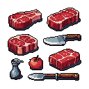 This pixel art showcases a selection of raw beef cuts, knives, a shaker, and a tomato, meticulously rendered with detailed textures and vibrant, earthy colors. The isometric arrangement and classic pixelation evoke a sense of culinary preparation or a nostalgic video game inventory.