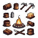 This pixel art showcases a set of twelve isometric survival and crafting items, including tools, resources, and a campfire. The earthy color palette and detailed rendering evoke a rustic, resourceful aesthetic.