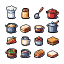 This pixel art showcases a 4x4 grid of kitchen and food icons, from pots and pans to sandwiches and spices. Rendered in muted earthy tones, the collection evokes a practical, illustrative feel, like inventory items in a game.