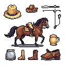 This pixel art showcases a brown horse with cowboy gear, including hats, boots, a jug, and a canteen, evoking a classic Wild West theme. The earthy tones and simple design create a nostalgic and functional vibe, perfect for a game or design asset.
