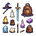This pixel art presents a collection of meticulously crafted fantasy items, including a wizard's hat, enchanted greatsword, and various potions and tools, arranged like a treasure trove ready for an epic adventure. The vibrant, earthy color palette and detailed textures evoke a sense of nostalgia and the thrill of classic role-playing games.