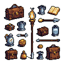 A collection of meticulously crafted pixel art fantasy inventory items, including a glowing staff, satchels, tankards, and more, evokes a sense of classic RPG adventure. The earthy tones, accented with gold and fiery yellows, create a warm and nostalgic treasure trove of gear.