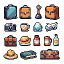 This pixel art showcases sixteen meticulously crafted travel and adventure-themed items, including vintage suitcases, a glowing staff, and curious artifacts, arranged in a grid format. The warm, autumnal color palette and isometric perspective lend a nostalgic yet fantastical vibe to these potential tools and treasures.
