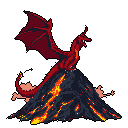 A powerful red dragon dominates the frame as it roars atop a fiery, erupting volcano, its wings spread against a stark black background, conveying a sense of raw, untamed power.
