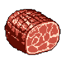 This pixel art image showcases a raw, uncooked roast rendered in fleshy reds and browns. The detailed shading reveals the meat's texture and structure in a stark, monochromatic style.