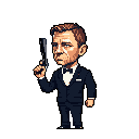 This pixel art features a cool and determined James Bond, reminiscent of Daniel Craig, striking a classic pose with a handgun. The stylized spy, sharply dressed in a dark blue suit, exudes an air of classic espionage and action.