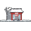 A snow-covered, pixelated 7-Eleven stands quietly in a winter landscape, its bright red facade a stark contrast against the muted snowy scene. The image evokes a sense of nostalgia and a cold, quiet day.