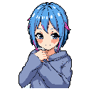 This pixel art depicts a shy anime girl with striking blue hair and a periwinkle hoodie, her bashful pose and soft expression creating a gentle and endearing vibe. Her bright, cool-toned color palette pops against the stark black background.