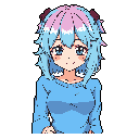 This charming pixel art portrait features a cute, anime-inspired girl with striking blue and pink hair and a sweet, shy smile. The pastel color palette and detailed shading create a nostalgic, retro game aesthetic.