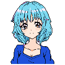 This pixel art portrait features a cute, anime-style young woman with striking cyan hair and large, sparkling eyes. Her gentle expression and soft color palette create a peaceful and innocent vibe.