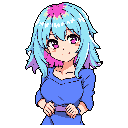 This pixel art portrait showcases a stylish anime-inspired girl with striking cyan and fuchsia hair. Her soft expression and colorful design create a youthful and playfully confident vibe.