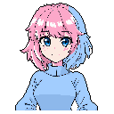 This pixel art portrait features a young woman with striking pastel pink and blue hair, adorned with a matching bow. Her wide blue eyes and gentle expression create a cute and slightly melancholic vibe, reminiscent of classic RPG characters. She wears a light blue turtleneck sweater.