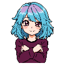 This pixel art features a confident, anime-style girl with striking cyan-blue hair and a playful expression. She's posing with crossed arms, her maroon top contrasting with her vibrant hair. The image evokes a cute and nostalgic vibe.