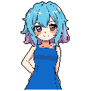 This pixel art showcases a friendly, youthful girl with choppy light blue hair and a royal blue dress. Her warm brown eyes and gentle smile create a charming and approachable character portrait.