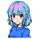 This pixel art portrait features a cute anime-style girl with expressive eyes and striking blue and pink hair. Her gentle smile and soft features create a peaceful and approachable vibe.