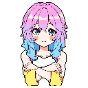 This pixel art showcases a cute, anime-inspired girl with vibrant lavender and blue hair, posing with crossed arms and a subtle, engaging expression. Her bright blue eyes and cheerful color palette create a light and approachable feel.