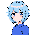 This pixel art portrait features a cute anime girl with striking blue hair and eyes, offering a gentle smile. Against a solid black background, her friendly expression and vibrant colors create a peaceful and inviting vibe.