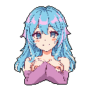 This pixel art bust features a shy anime-style girl with light blue hair and a pastel color scheme. She looks directly at the viewer with a gentle smile, her hands clasped together in a modest pose.