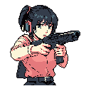 A young woman, rendered in pixel art, intensely focuses as she aims a compact firearm. Her determined expression and poised stance against a black void convey a sense of readiness and capability. The muted color palette and retro style evoke a nostalgic, yet striking, image.
