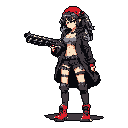 A confident, dark-clad woman with red accents stands poised with a futuristic weapon. This pixel art character exudes a cool, edgy vibe.