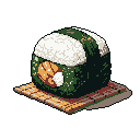 A pixelated onigiri, complete with nori and a savory filling of salmon or tuna, sits poised on a woven mat. The simple, yet appetizing, image evokes a sense of traditional Japanese cuisine with its charming retro aesthetic.