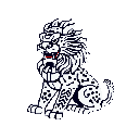 This pixel art image features a majestic, stylized lion rendered in stark white and blue-purple, its regal pose and red tongue hinting at a fierce nature. Seated and facing forward, the lion's blocky design evokes classic video game aesthetics.