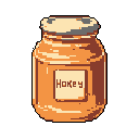This pixel art showcases a cozy jar of honey, rendered in warm, earthy tones with a prominent label. The simple, nostalgic design focuses solely on the jar itself, creating a comforting vibe.