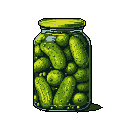 This pixel art showcases a vibrant jar of pickles against a stark black background. The green and yellow hues create a crisp, illustrative depiction of the preserved vegetables.
