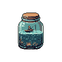 A tiny pixel art fisherman sits in his boat within a glass jar, creating a whimsical scene of contained tranquility. The miniature world evokes a sense of peaceful isolation.