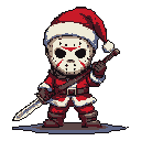 This pixel art mashup features a chibi "Jason Claus," a festive fusion of Jason Voorhees and Santa, sporting a hockey mask, Santa hat, and deadly weaponry. The adorably menacing character embodies a unique blend of Christmas cheer and horror mischief.