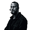 This high-contrast pixel art portrait captures a bearded man smoking a cigarette. Rendered in shades of grey, his ambiguous expression and slight lean create a stark and contemplative mood.