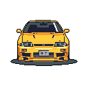 This pixel art showcases a vibrant yellow Nissan Skyline R32 GT-R in a nostalgic, retro style. The iconic Japanese sports car is depicted head-on, highlighting its distinctive features with bold colors and simplified forms.