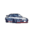 This pixel art showcases a sleek, silver-blue coupe sports car reminiscent of the '80s or '90s, rendered in cool tones with striking red accents. The detailed side profile captures the essence of this classic vehicle against a stark background.