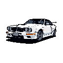This pixel art showcases a classic white rally car, reminiscent of the Group B era, rendered in striking detail against a stark black background. The clean design and contrasting colors emphasize the iconic vehicle's potential for speed and a touch of nostalgia.