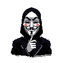 A pixel art figure in a Guy Fawkes mask and hood gestures for silence, embodying a hacker archetype with a touch of unexpected charm from pink blushes on the iconic mask. The stark, monochromatic design emphasizes anonymity and digital culture.