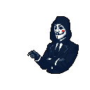 A pixelated figure in a Guy Fawkes mask and suit, reminiscent of Anonymous, stands confidently with crossed arms and a lit cigarette. The stark color palette and enigmatic pose create a cool, yet slightly ominous, digital portrait.