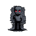 A dark, featureless figure with intensely glowing red eyes stands in stark contrast against a black void. Its shadowy form and ominous aura evoke a sense of mystery and unease.