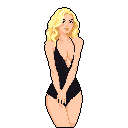 This pixel art image features a confident woman with golden hair, posed against a dark backdrop. The simple color palette and retro style create a nostalgic and slightly seductive feel.