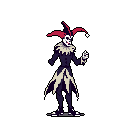 A sinister pixel art jester, clad in dark purple and accented with stark white, stands against a black background with a menacing expression. The figure's raised hand and unsettling vibe create an ominous and captivating image.